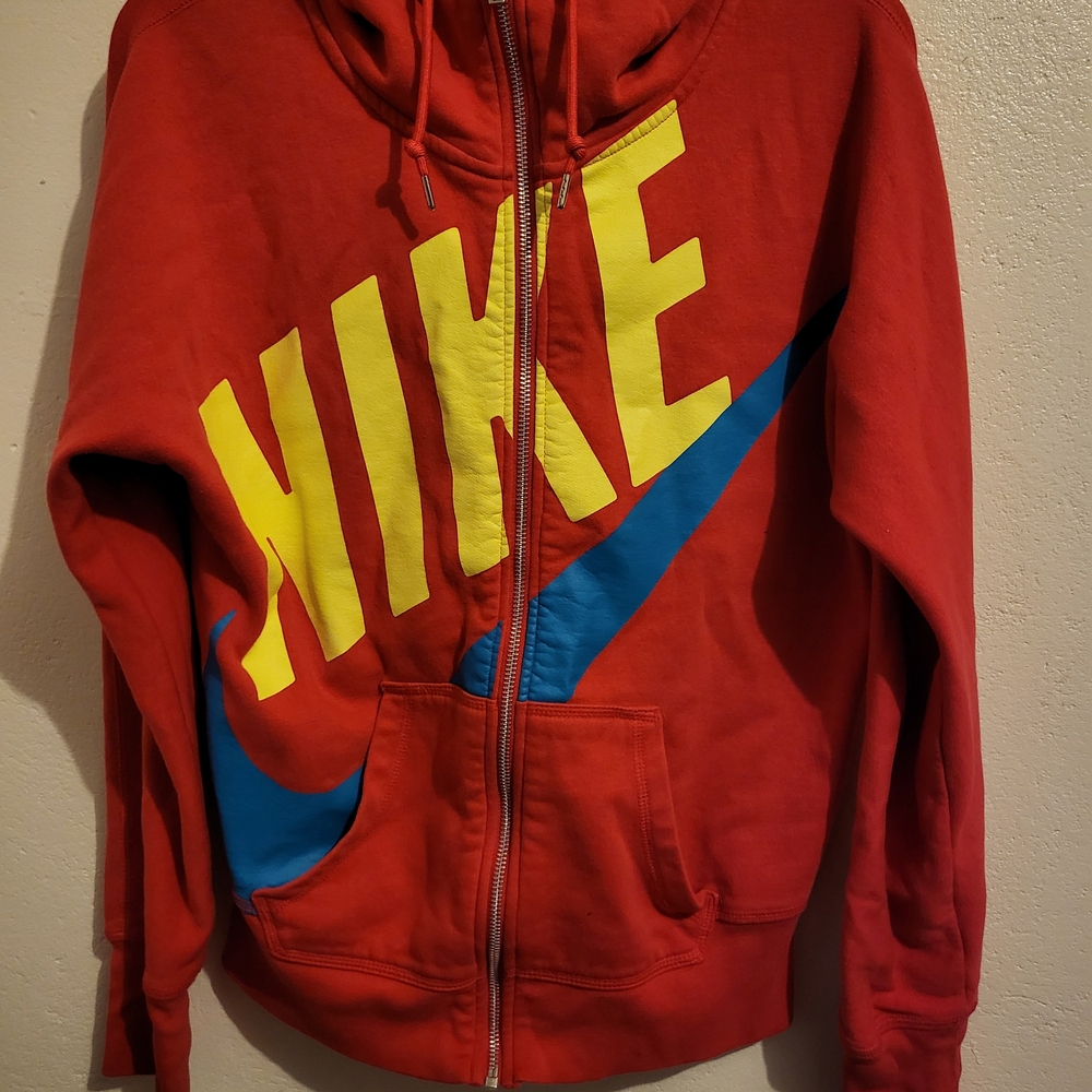 Nike Red Hoodie with Yellow and Blue Logo Y2k 90s Mens Medium